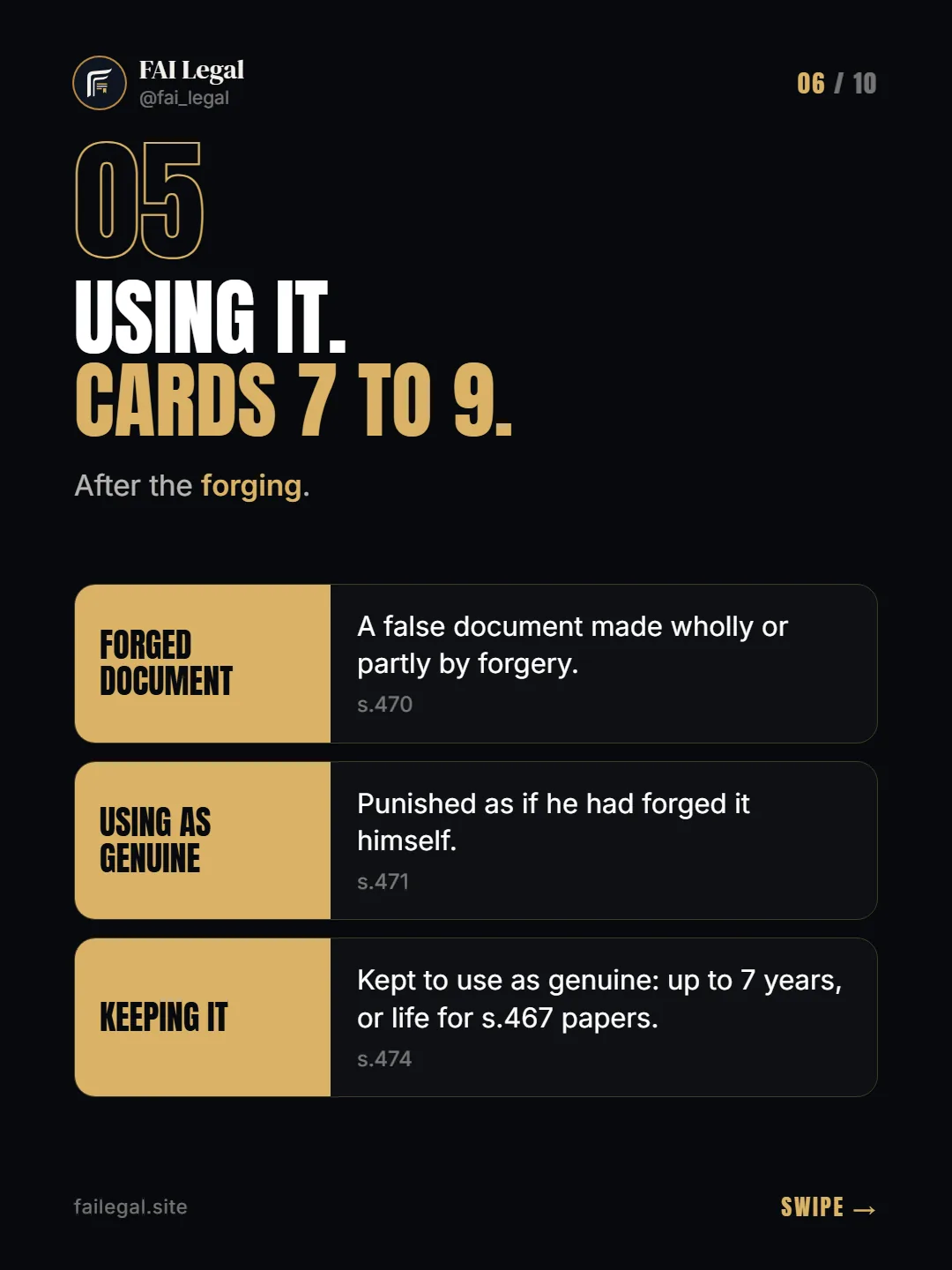 Using it. Cards 7 to 9. · After the forging. · Forged document · Using as genuine · Keeping it