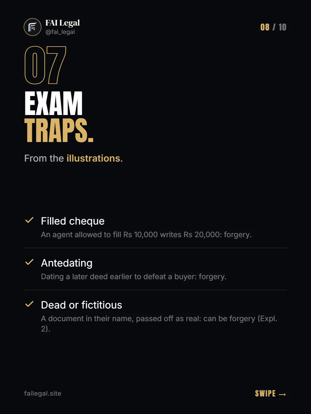 Exam traps. · From the illustrations. · Filled cheque · Antedating · Dead or fictitious