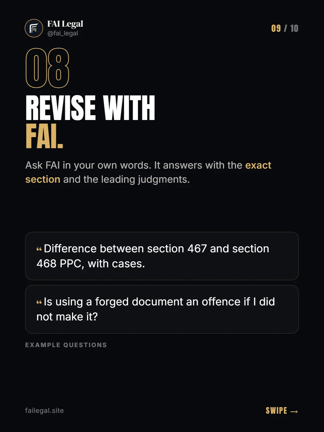 Revise with FAI. · Ask FAI in your own words. It answers with the exact section and the leading judgments. · Difference between section 467 and section 468 PPC, with cases. · Is using a forged document an offence if I did not make it?