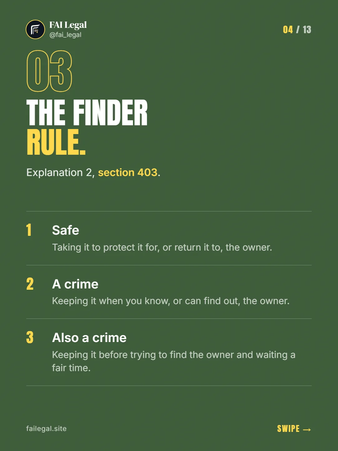 The finder rule. · Explanation 2, section 403. · Safe · A crime · Also a crime