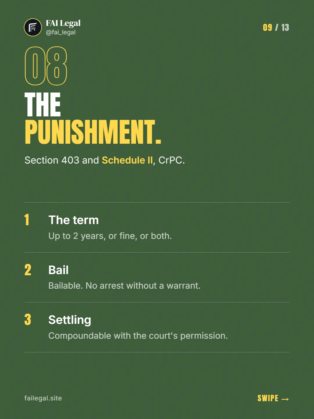 The punishment. · Section 403 and Schedule II, CrPC. · The term · Bail · Settling