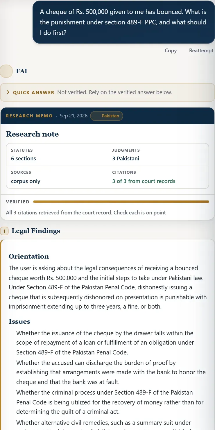 A verified FAI Legal research answer on a phone