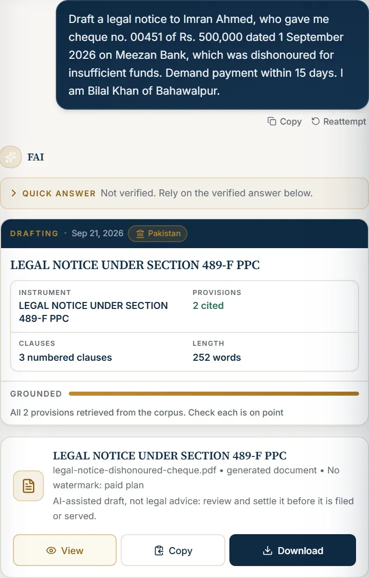 A drafted legal notice in FAI Legal
