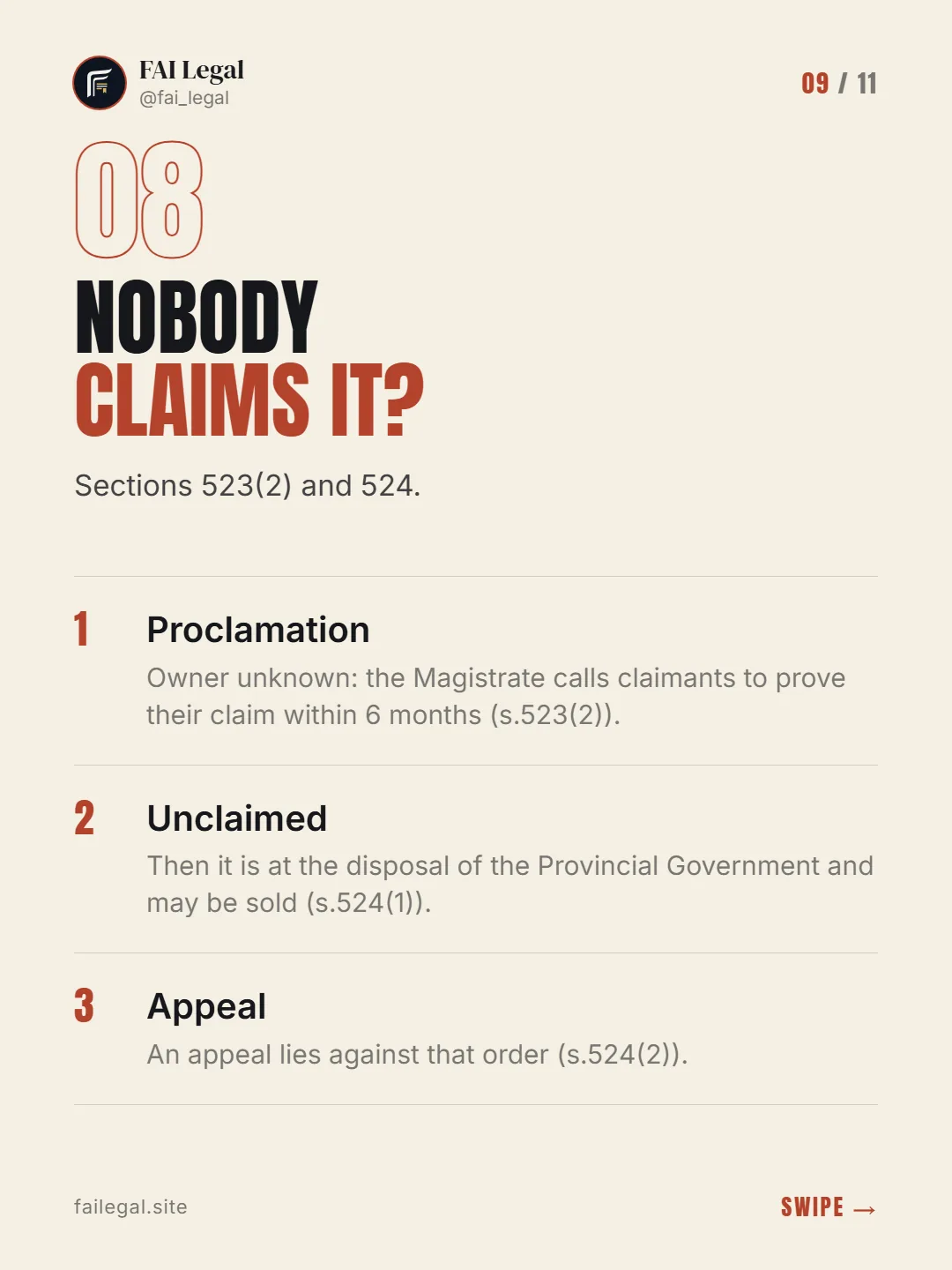 Nobody claims it? · Sections 523(2) and 524. · Proclamation · Unclaimed · Appeal