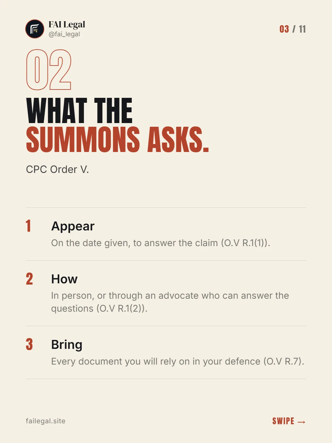 What the summons asks. · CPC Order V. · Appear · How · Bring