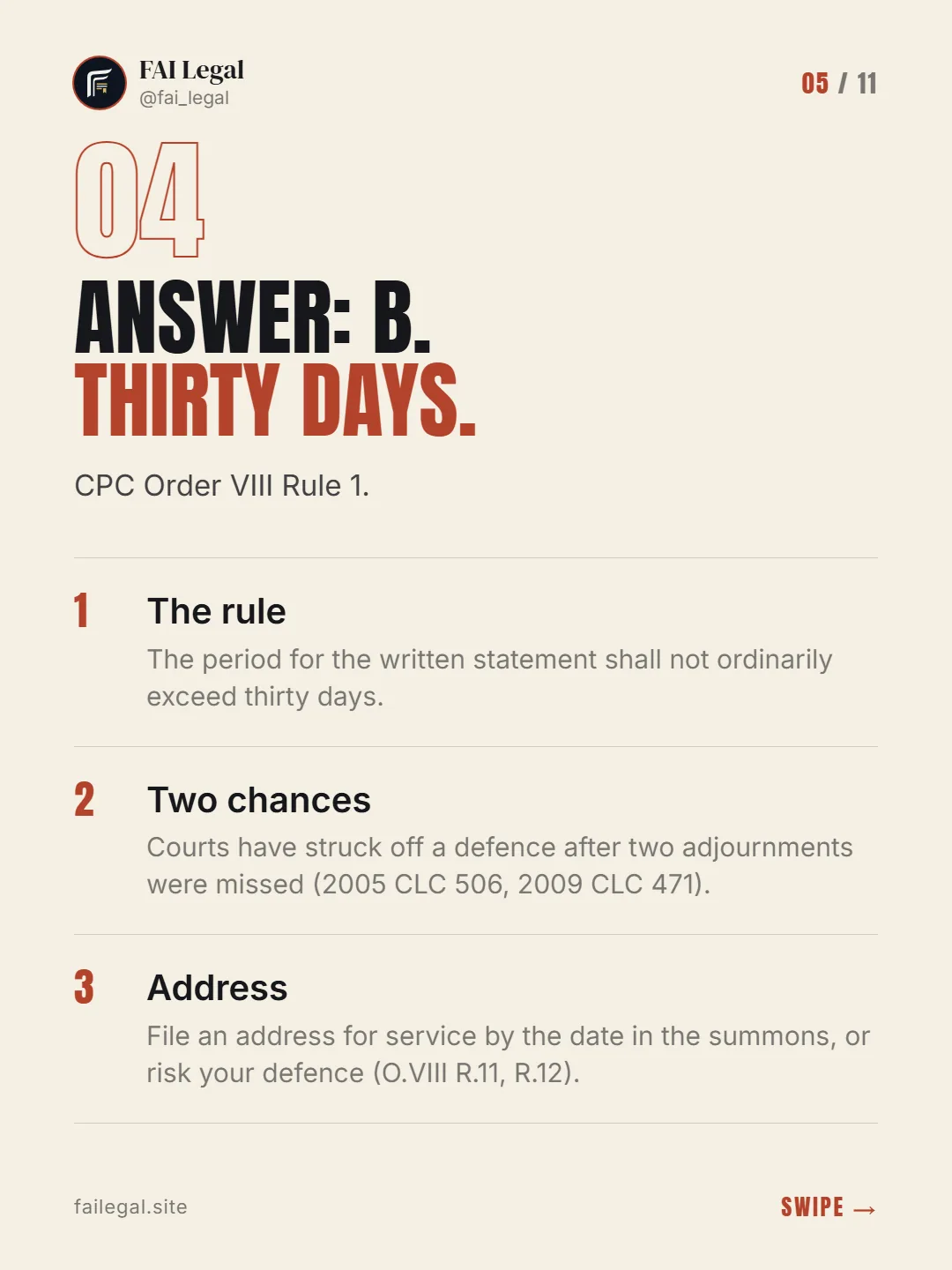 Answer: B. Thirty days. · CPC Order VIII Rule 1. · The rule · Two chances · Address