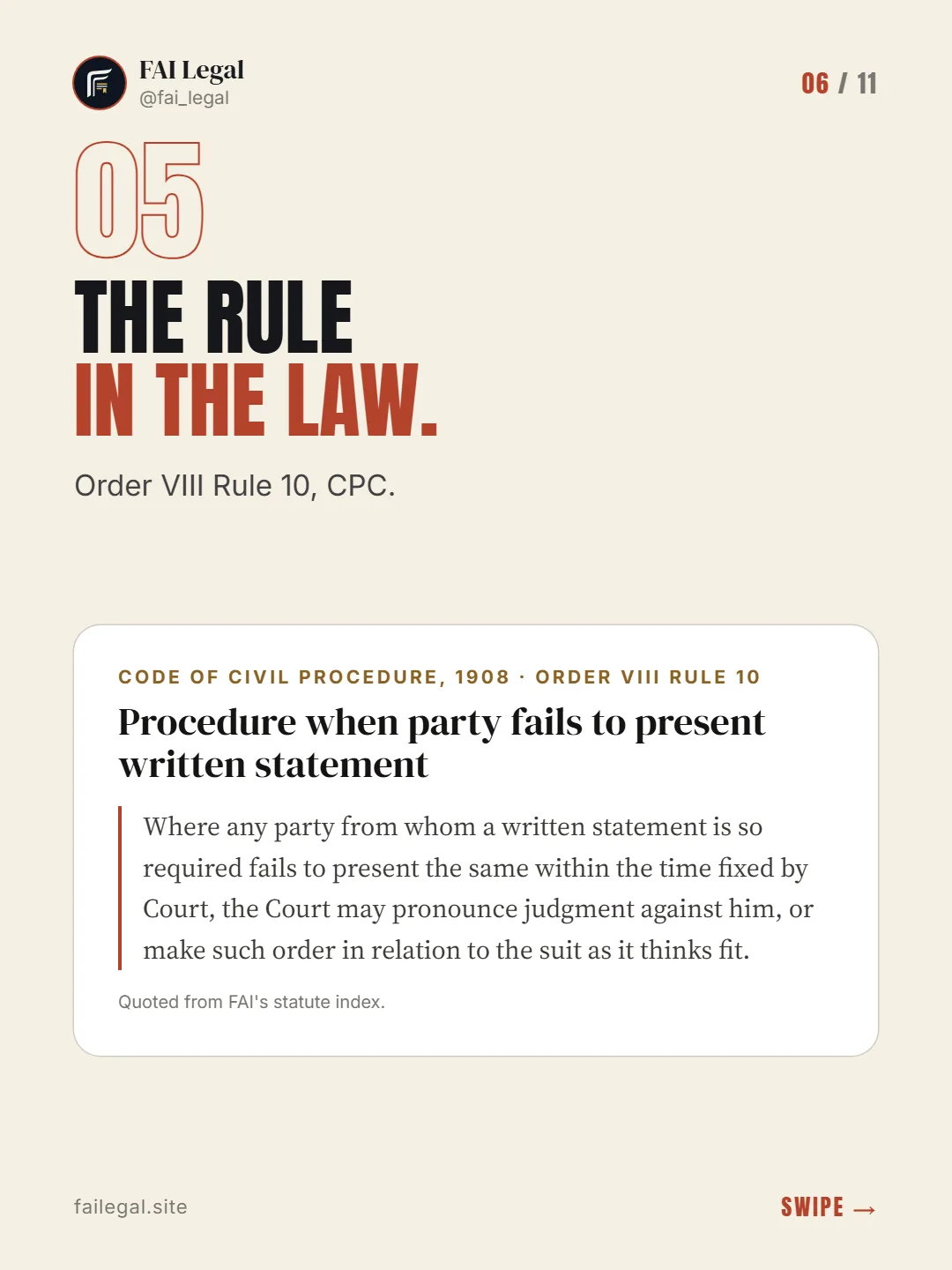 The rule in the law. · Order VIII Rule 10, CPC. · Code of Civil Procedure, 1908 · Order VIII Rule 10