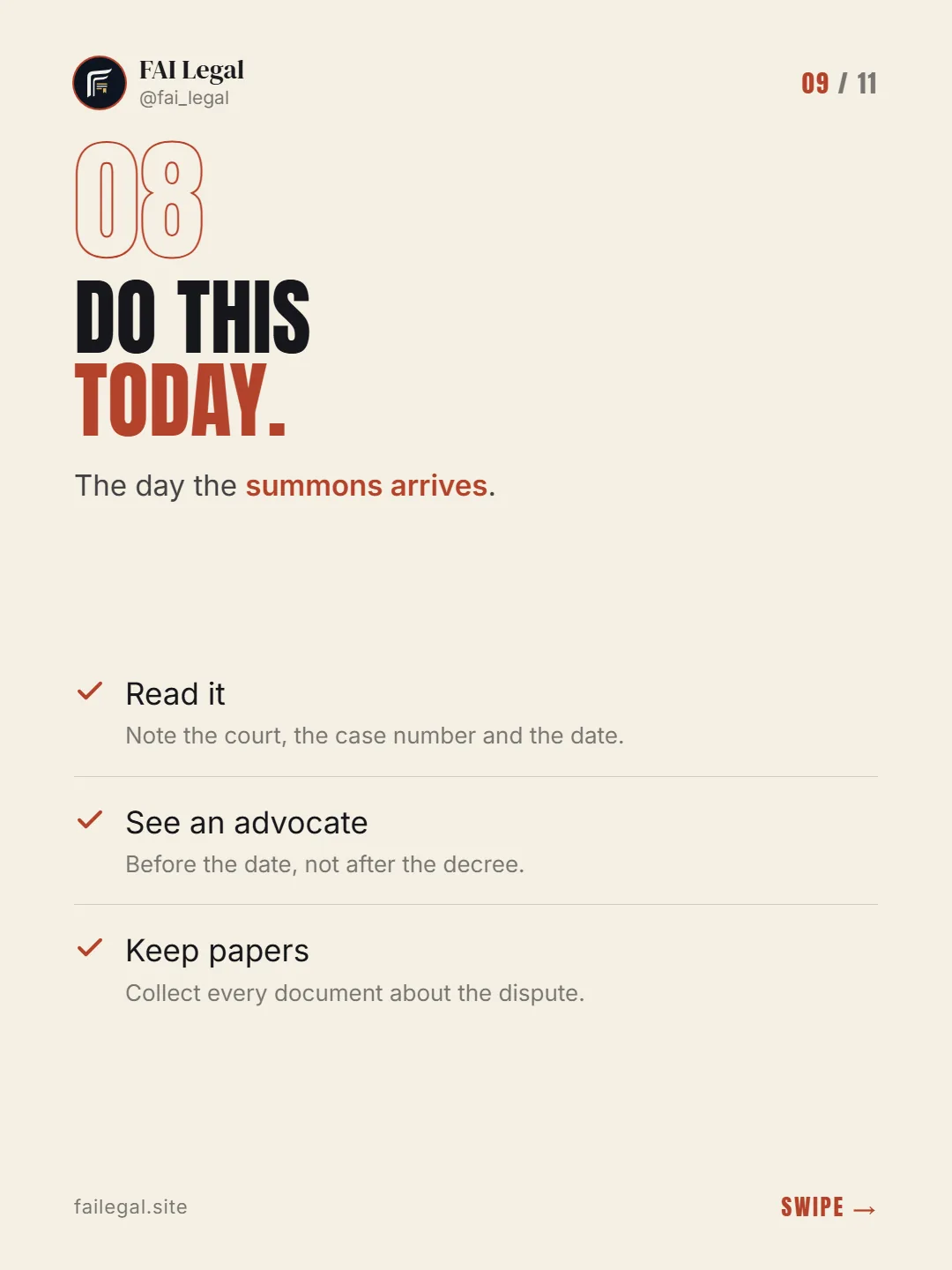Do this today. · The day the summons arrives. · Read it · See an advocate · Keep papers
