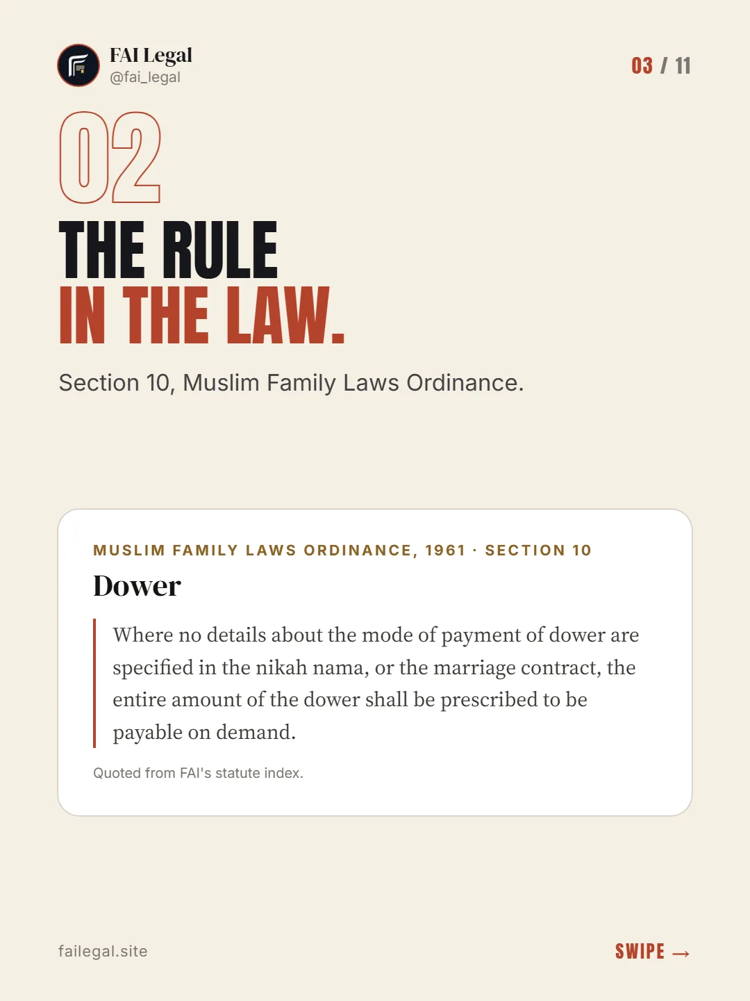 The rule in the law. · Section 10, Muslim Family Laws Ordinance. · Muslim Family Laws Ordinance, 1961 · Section 10