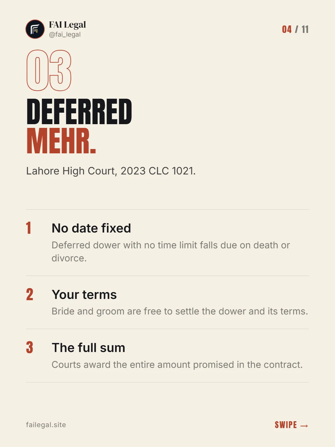 Deferred mehr. · Lahore High Court, 2023 CLC 1021. · No date fixed · Your terms · The full sum