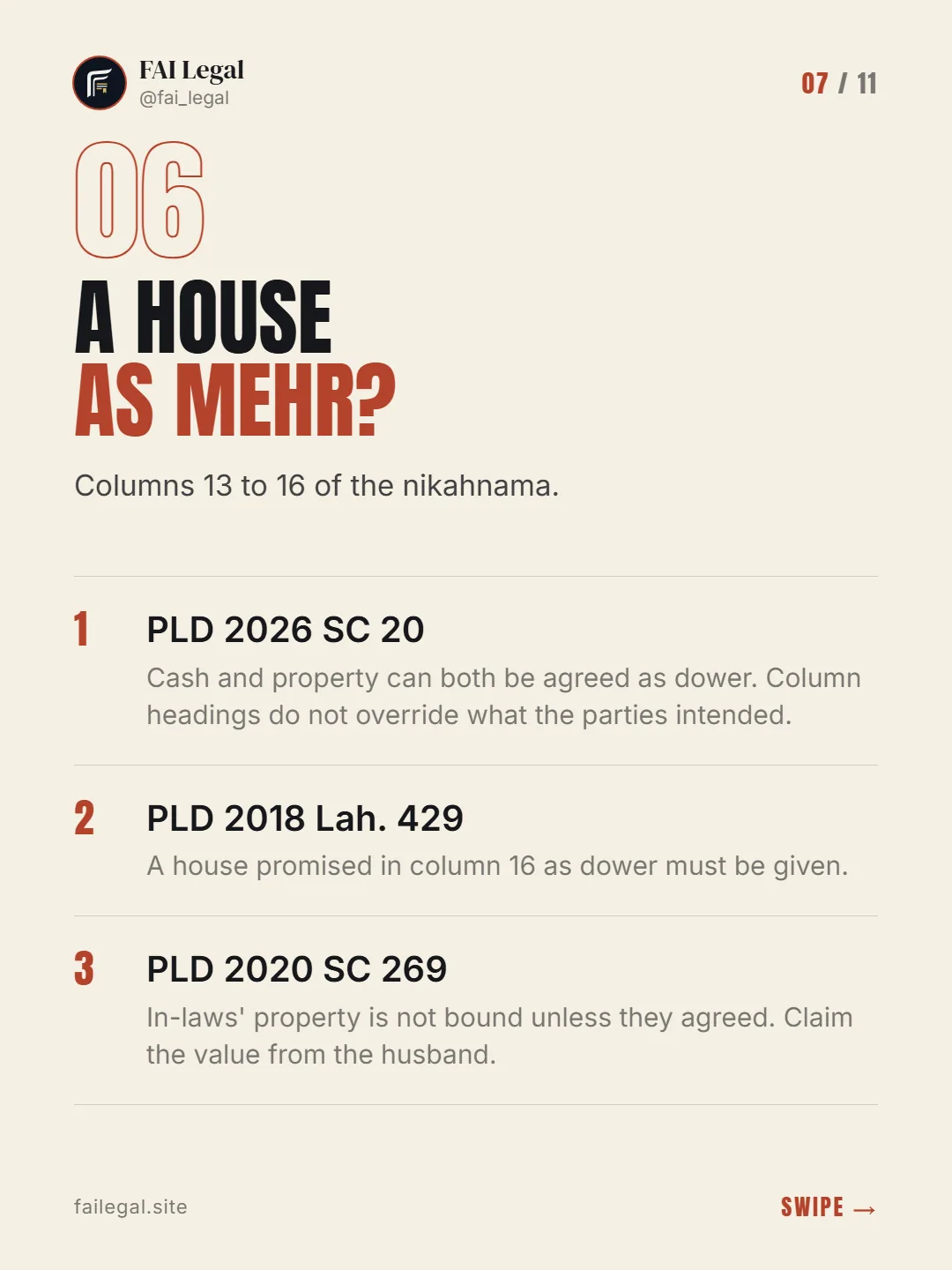 A house as mehr? · Columns 13 to 16 of the nikahnama. · PLD 2026 SC 20 · PLD 2018 Lah. 429 · PLD 2020 SC 269