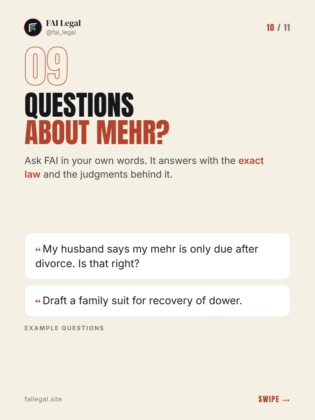 Questions about mehr? · Ask FAI in your own words. It answers with the exact law and the judgments behind it. · My husband says my mehr is only due after divorce. Is that right? · Draft a family suit for recovery of dower.
