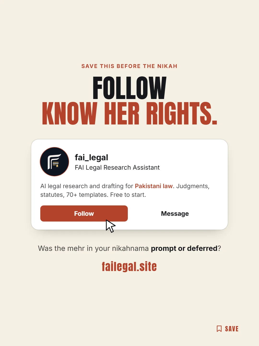 Follow FAI Legal on Instagram, @fai_legal. Was the mehr in your nikahnama prompt or deferred?