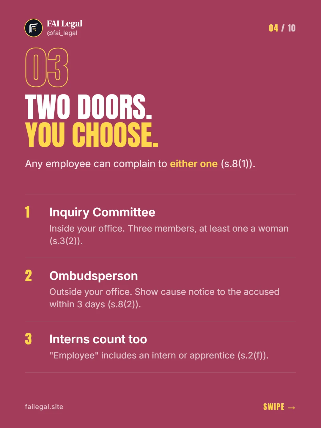 Two doors. You choose. · Any employee can complain to either one (s.8(1)). · Inquiry Committee · Ombudsperson · Interns count too