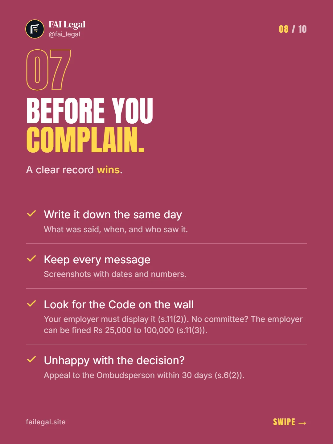 Before you complain. · A clear record wins. · Write it down the same day · Keep every message · Look for the Code on the wall · Unhappy with the decision?