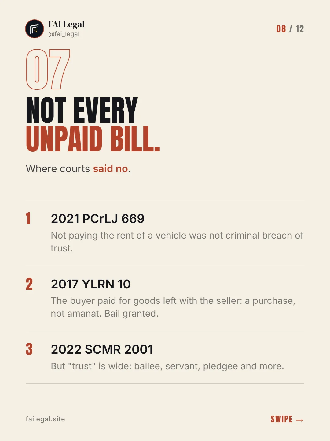 Not every unpaid bill. · Where courts said no. · 2021 PCrLJ 669 · 2017 YLRN 10 · 2022 SCMR 2001