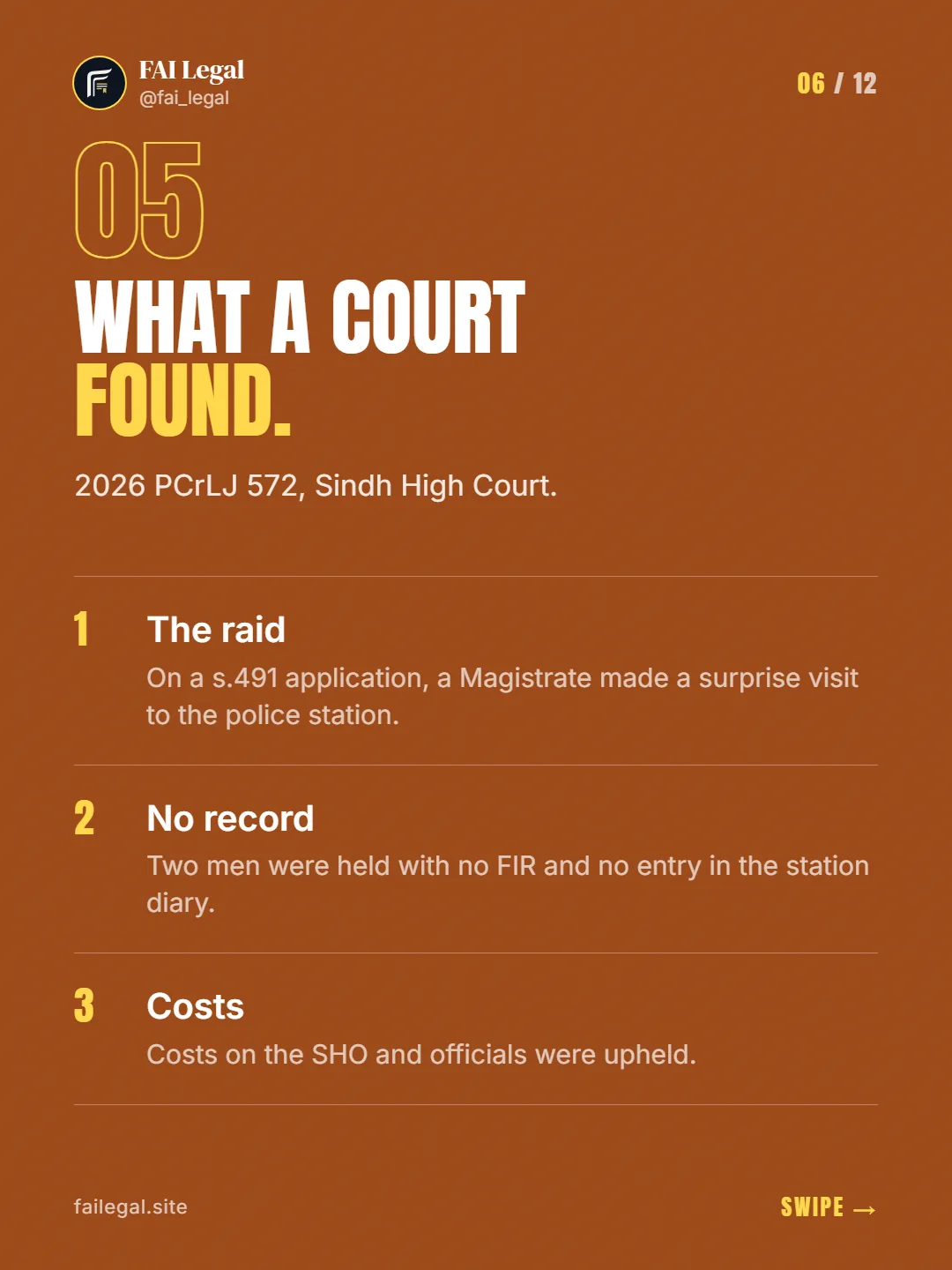 What a court found. · 2026 PCrLJ 572, Sindh High Court. · The raid · No record · Costs