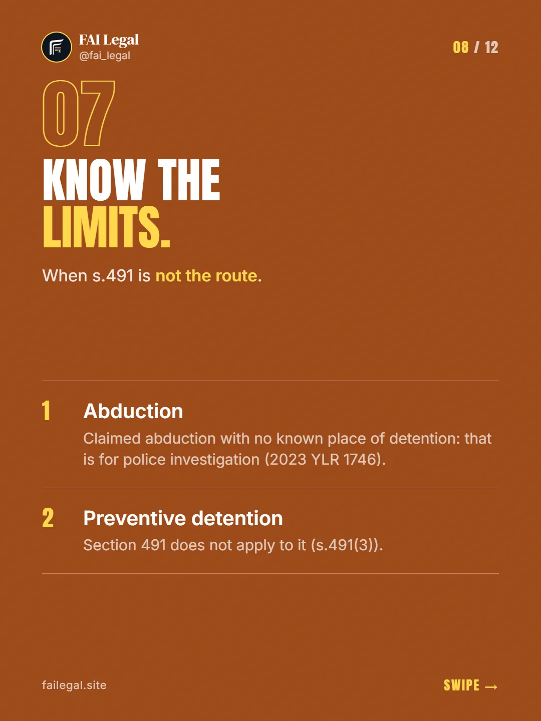 Know the limits. · When s.491 is not the route. · Abduction · Preventive detention