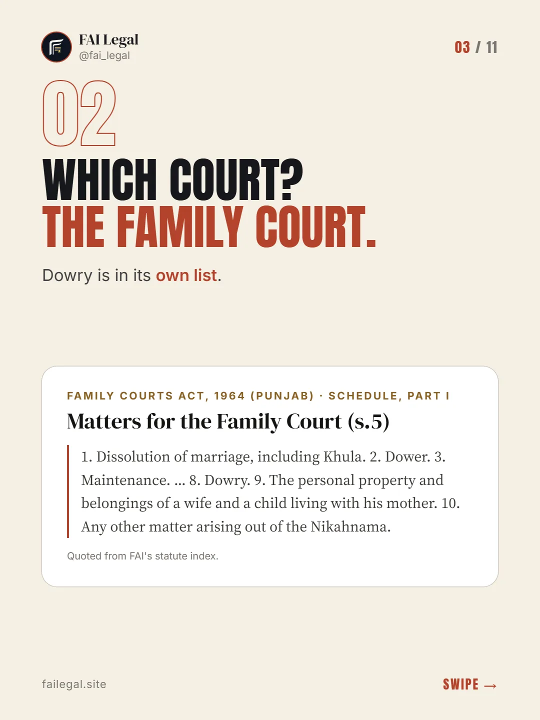 Which court? The Family Court. · Dowry is in its own list. · Family Courts Act, 1964 (Punjab) · Schedule, Part I