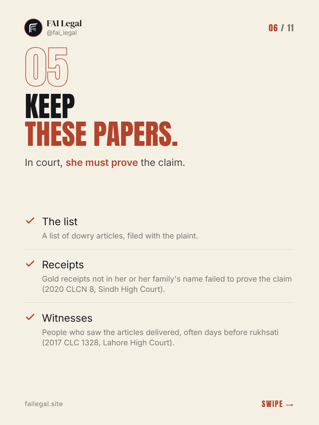 Keep these papers. · In court, she must prove the claim. · The list · Receipts · Witnesses