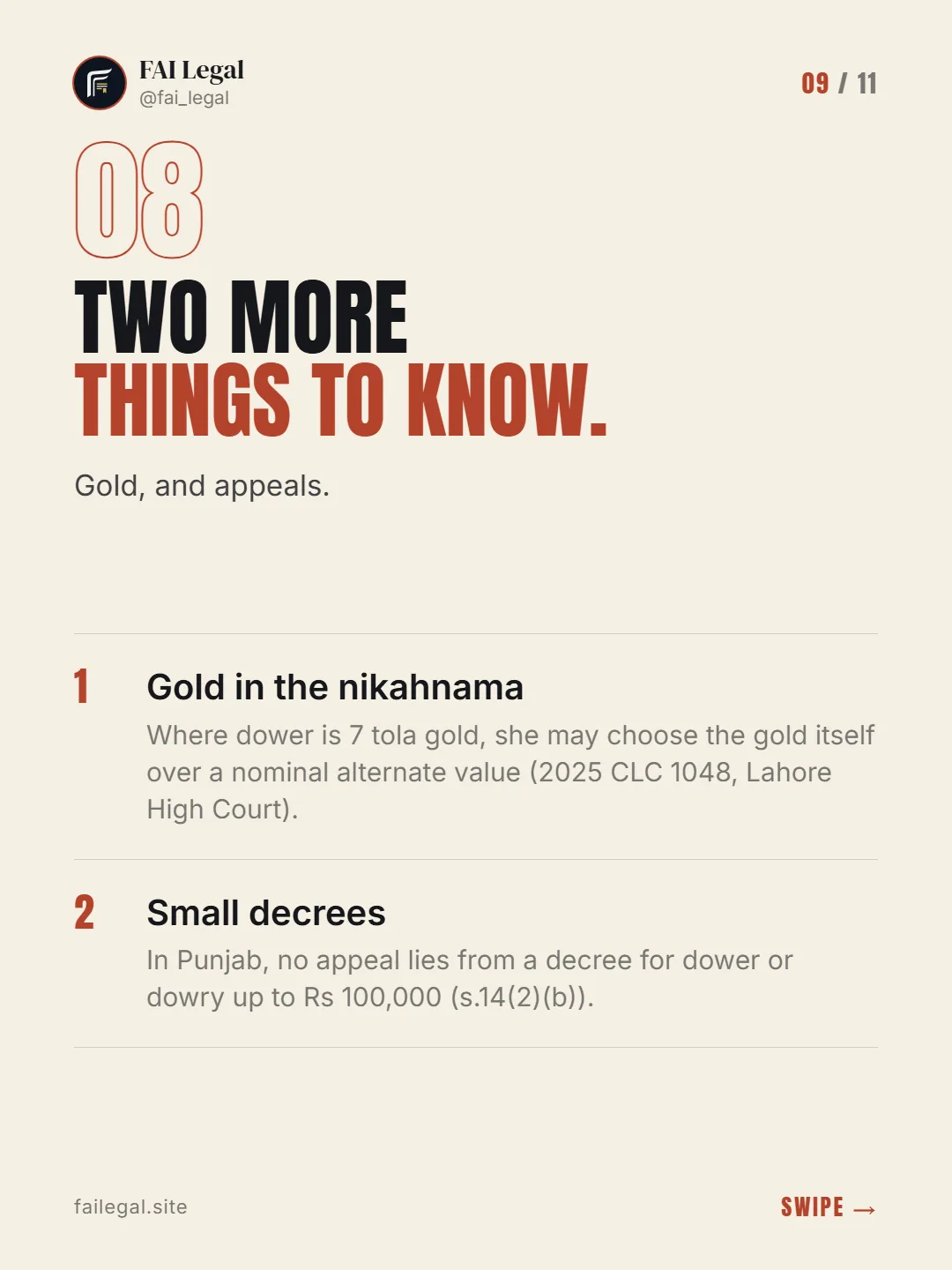 Two more things to know. · Gold, and appeals. · Gold in the nikahnama · Small decrees