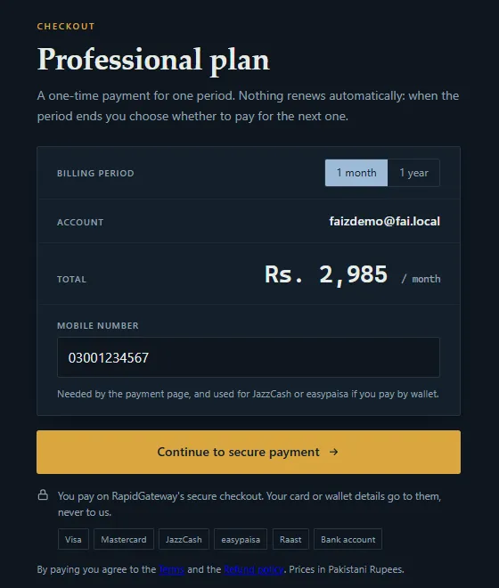 Checkout page showing the Professional plan, the billing period, the account and a total of Rs. 2,985