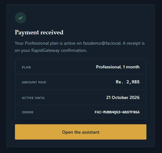 Payment received confirmation showing the plan, amount paid, active-until date and order number