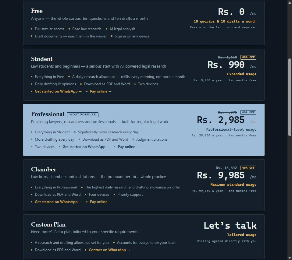Plans page showing Student, Professional and Chamber plans with PKR prices and a Pay online link