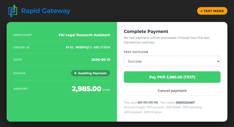 RapidGateway hosted checkout for FAI Legal Research Assistant, amount PKR 2,985.00