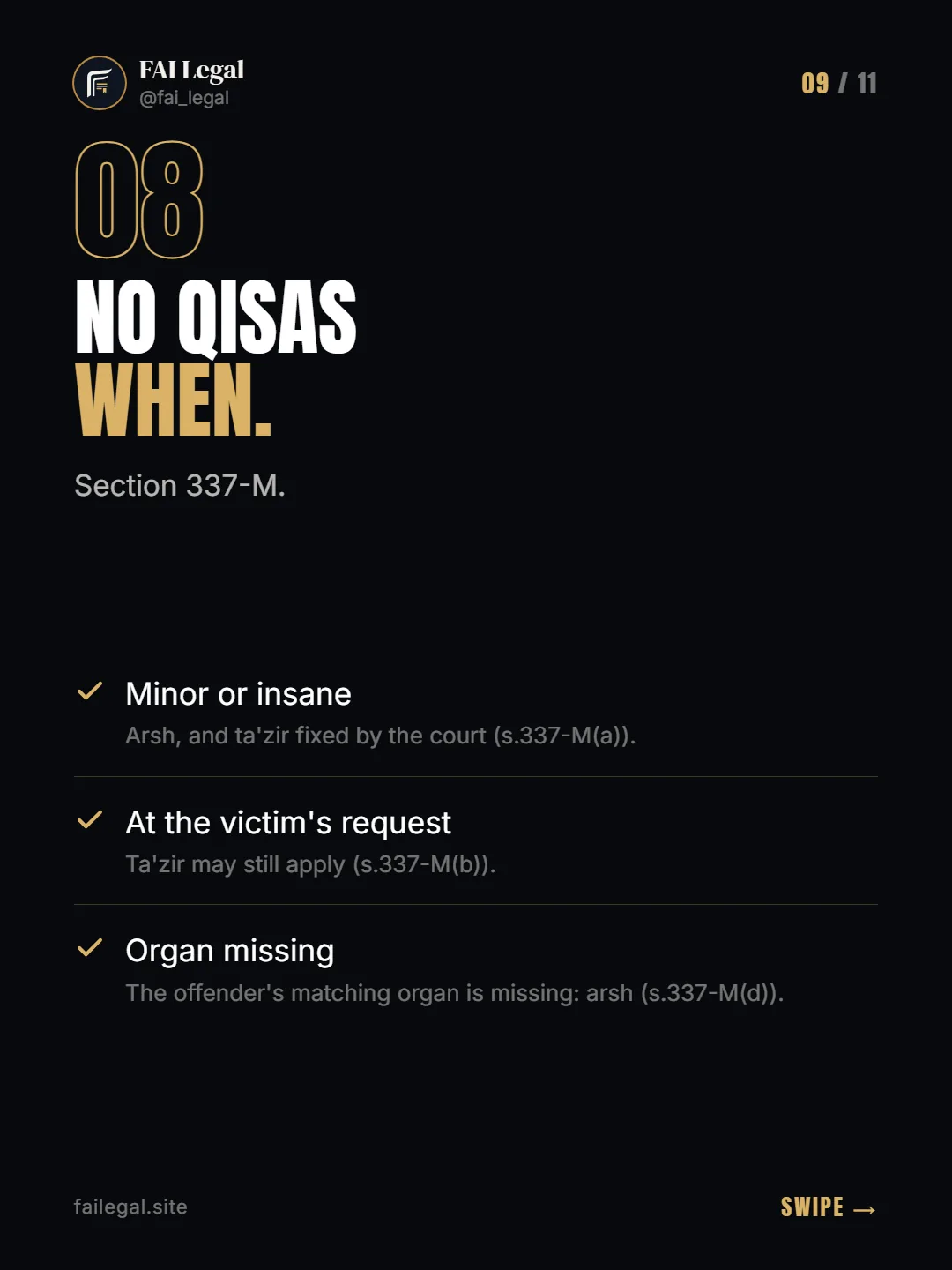 No qisas when. · Section 337-M. · Minor or insane · At the victim's request · Organ missing