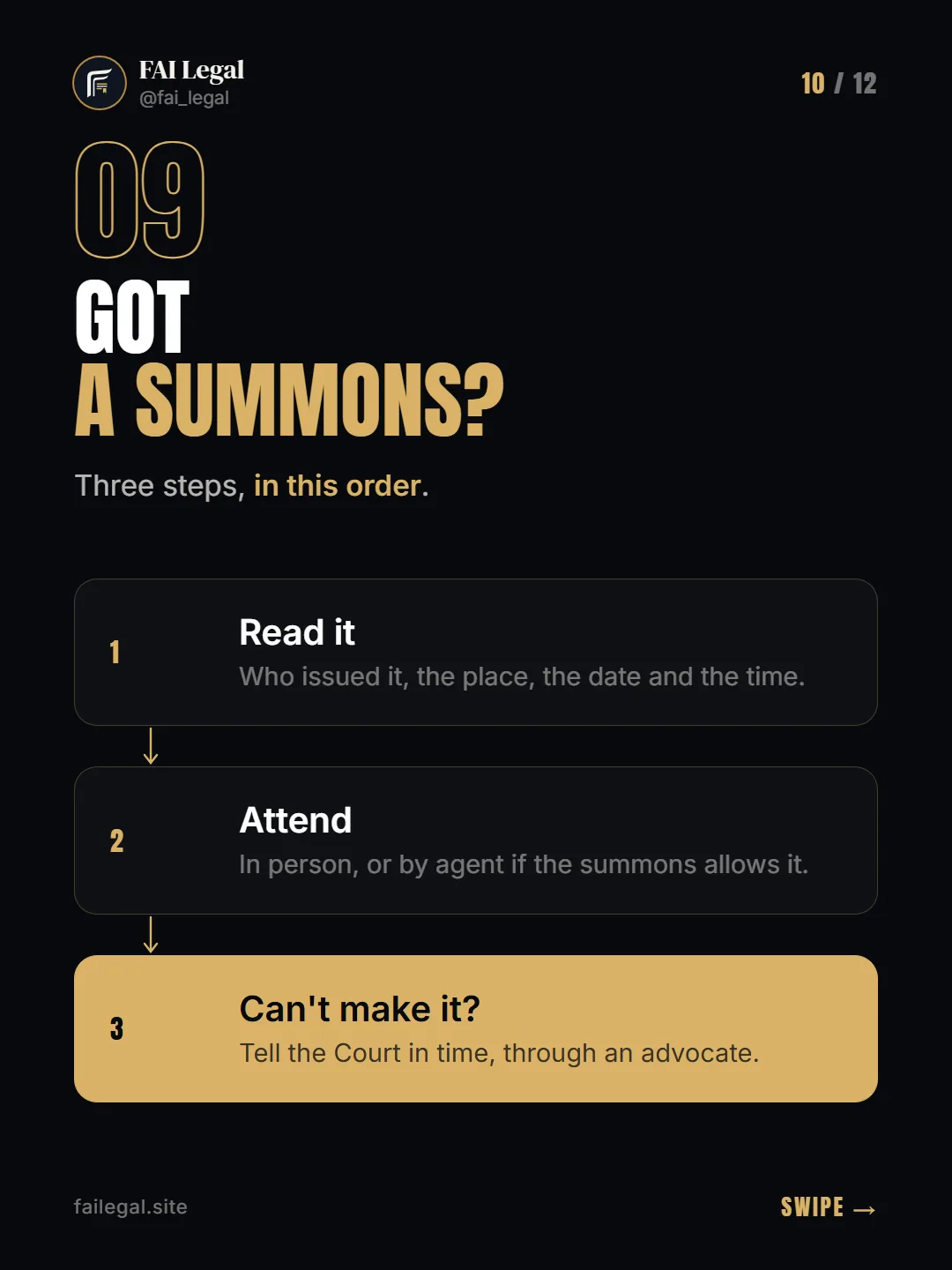 Got a summons? · Three steps, in this order. · Read it · Attend · Can't make it?