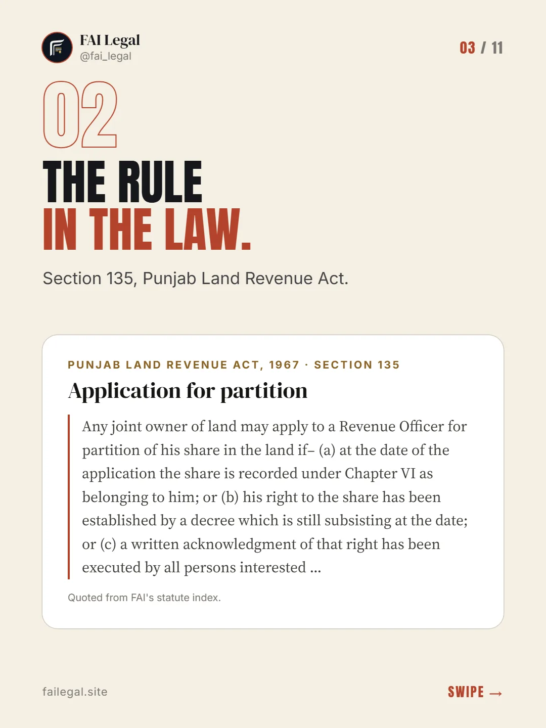 The rule in the law. · Section 135, Punjab Land Revenue Act. · Punjab Land Revenue Act, 1967 · Section 135