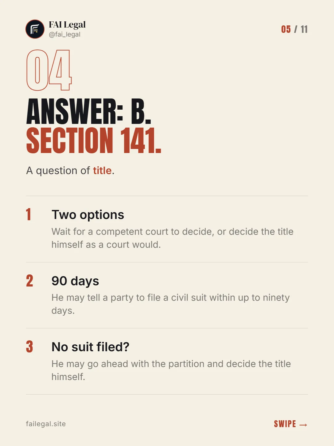 Answer: B. Section 141. · A question of title. · Two options · 90 days · No suit filed?