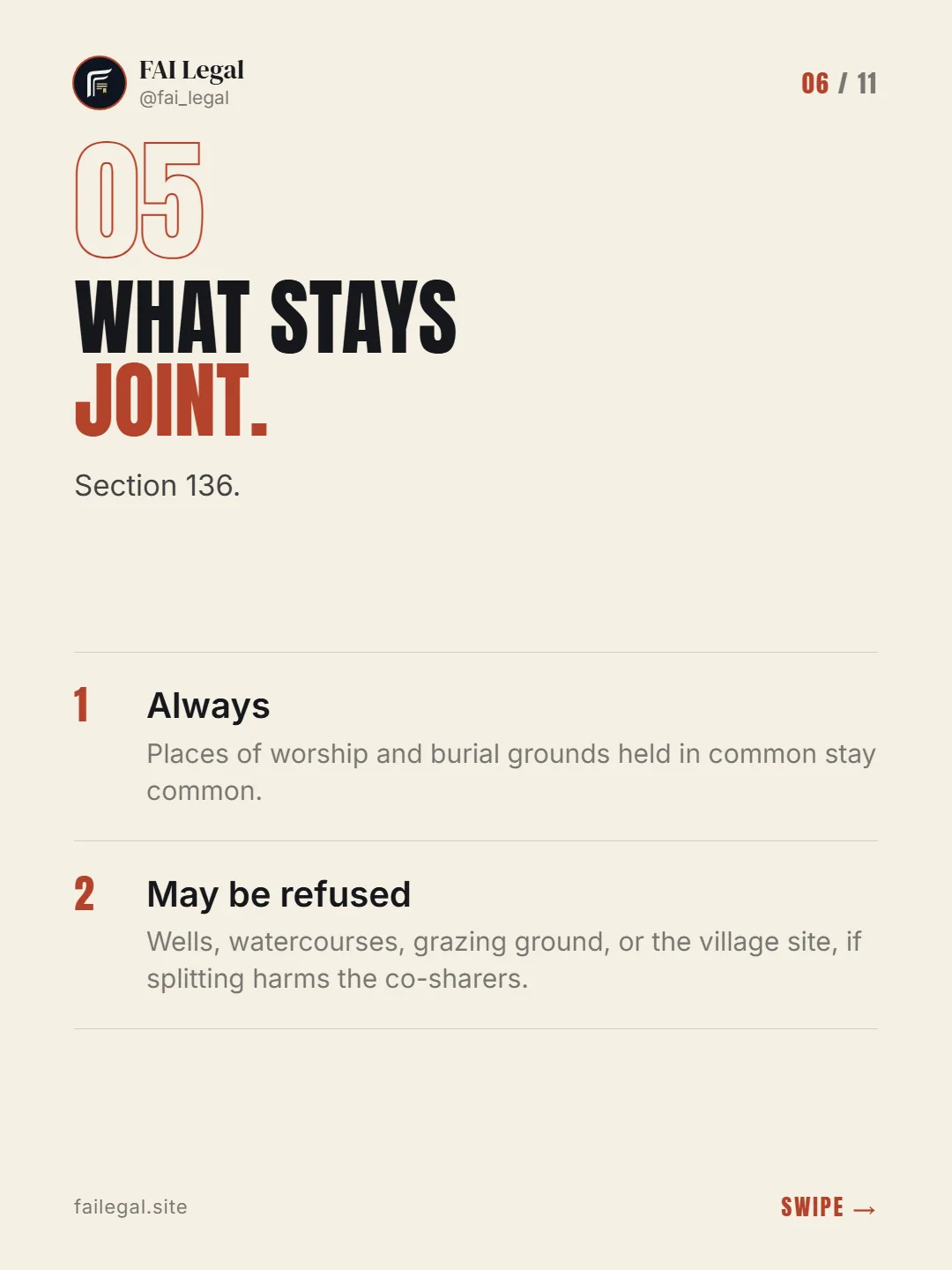 What stays joint. · Section 136. · Always · May be refused
