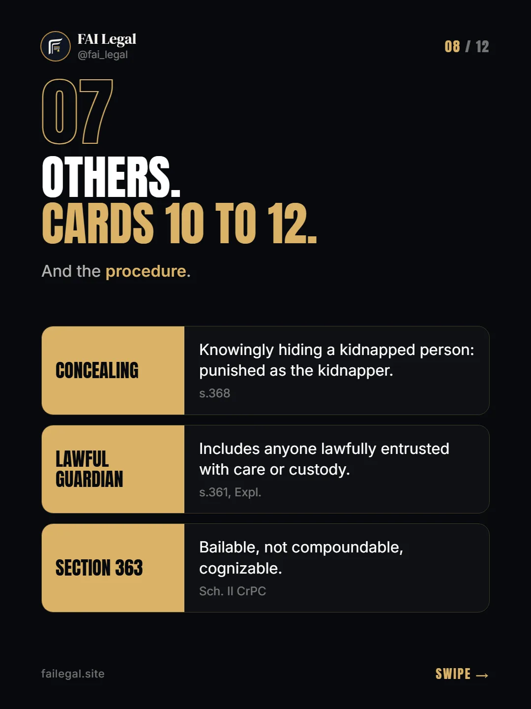 Others. Cards 10 to 12. · And the procedure. · Concealing · Lawful guardian · Section 363