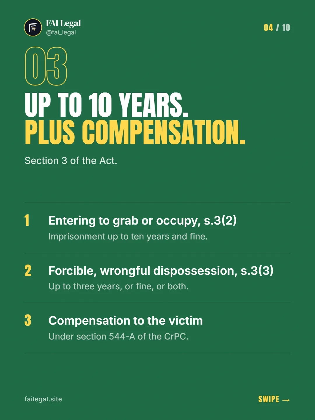 Up to 10 years. Plus compensation. · Section 3 of the Act. · Entering to grab or occupy, s.3(2) · Forcible, wrongful dispossession, s.3(3) · Compensation to the victim
