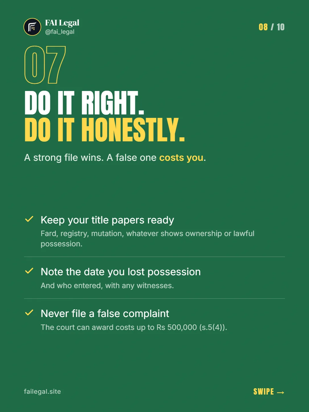 Do it right. Do it honestly. · A strong file wins. A false one costs you. · Keep your title papers ready · Note the date you lost possession · Never file a false complaint