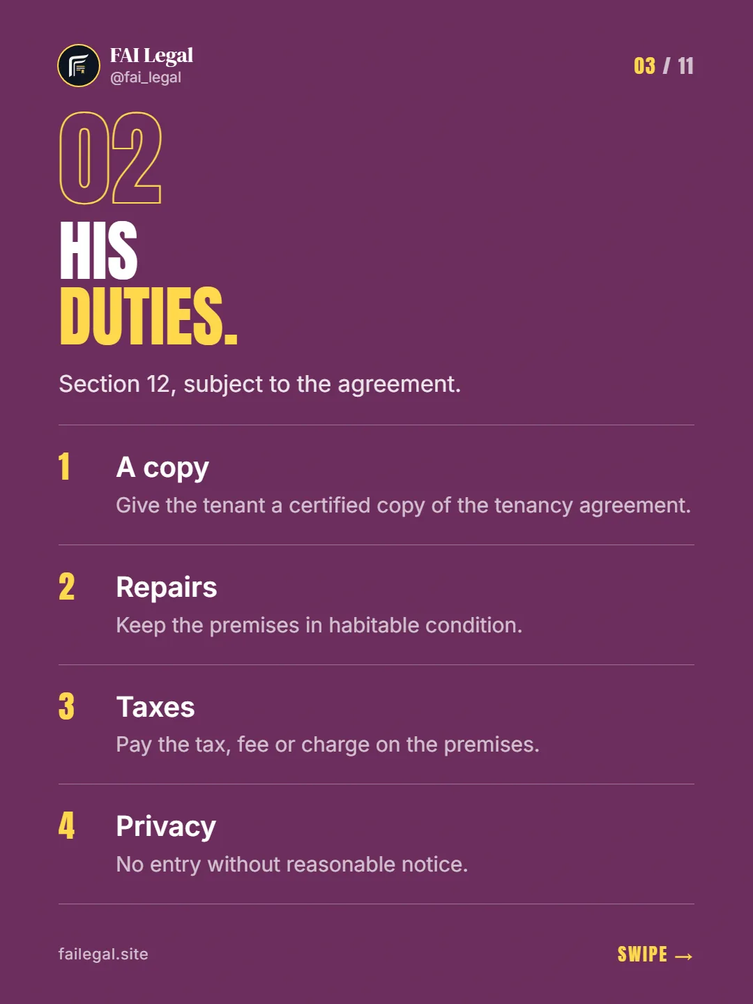 His duties. · Section 12, subject to the agreement. · A copy · Repairs · Taxes · Privacy