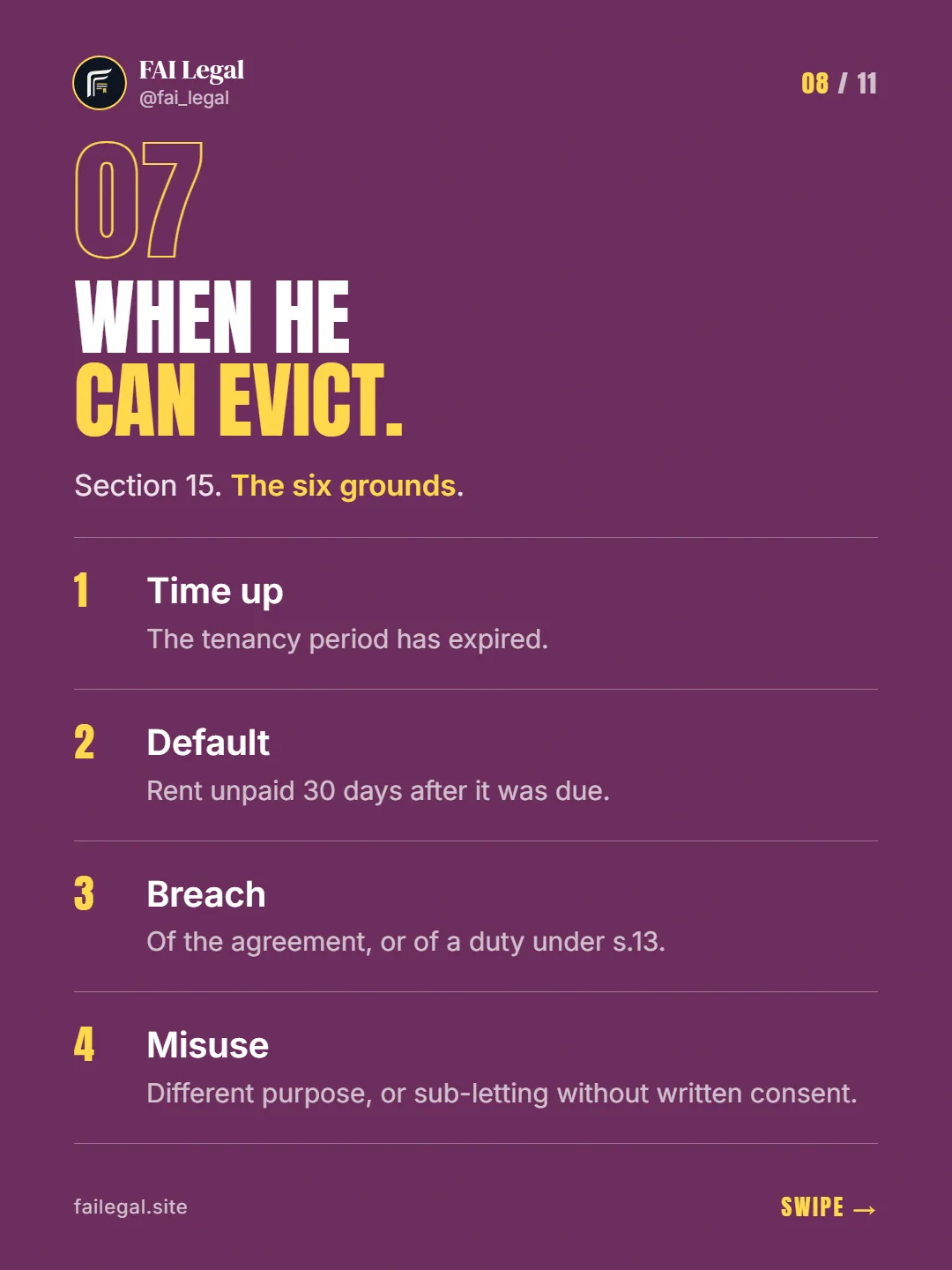 When he can evict. · Section 15. The six grounds. · Time up · Default · Breach · Misuse