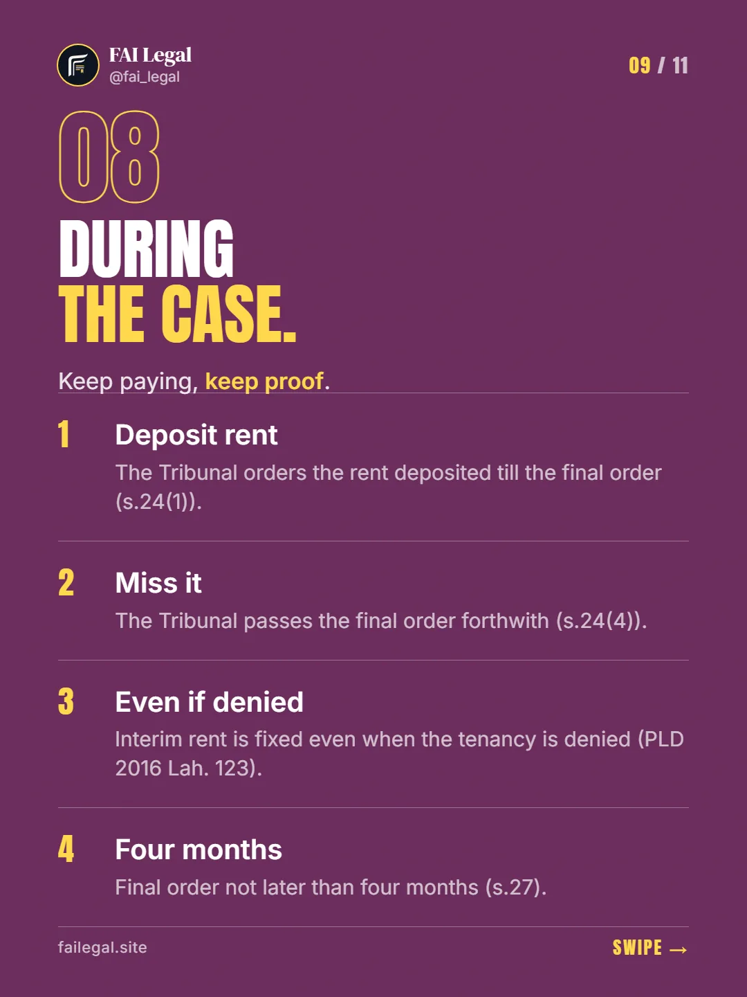 During the case. · Keep paying, keep proof. · Deposit rent · Miss it · Even if denied · Four months