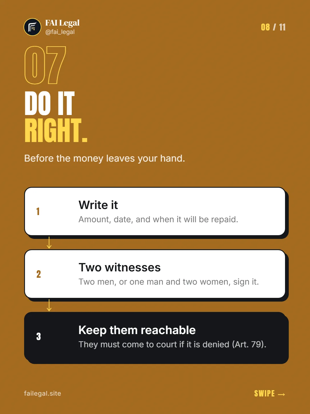 Do it right. · Before the money leaves your hand. · Write it · Two witnesses · Keep them reachable