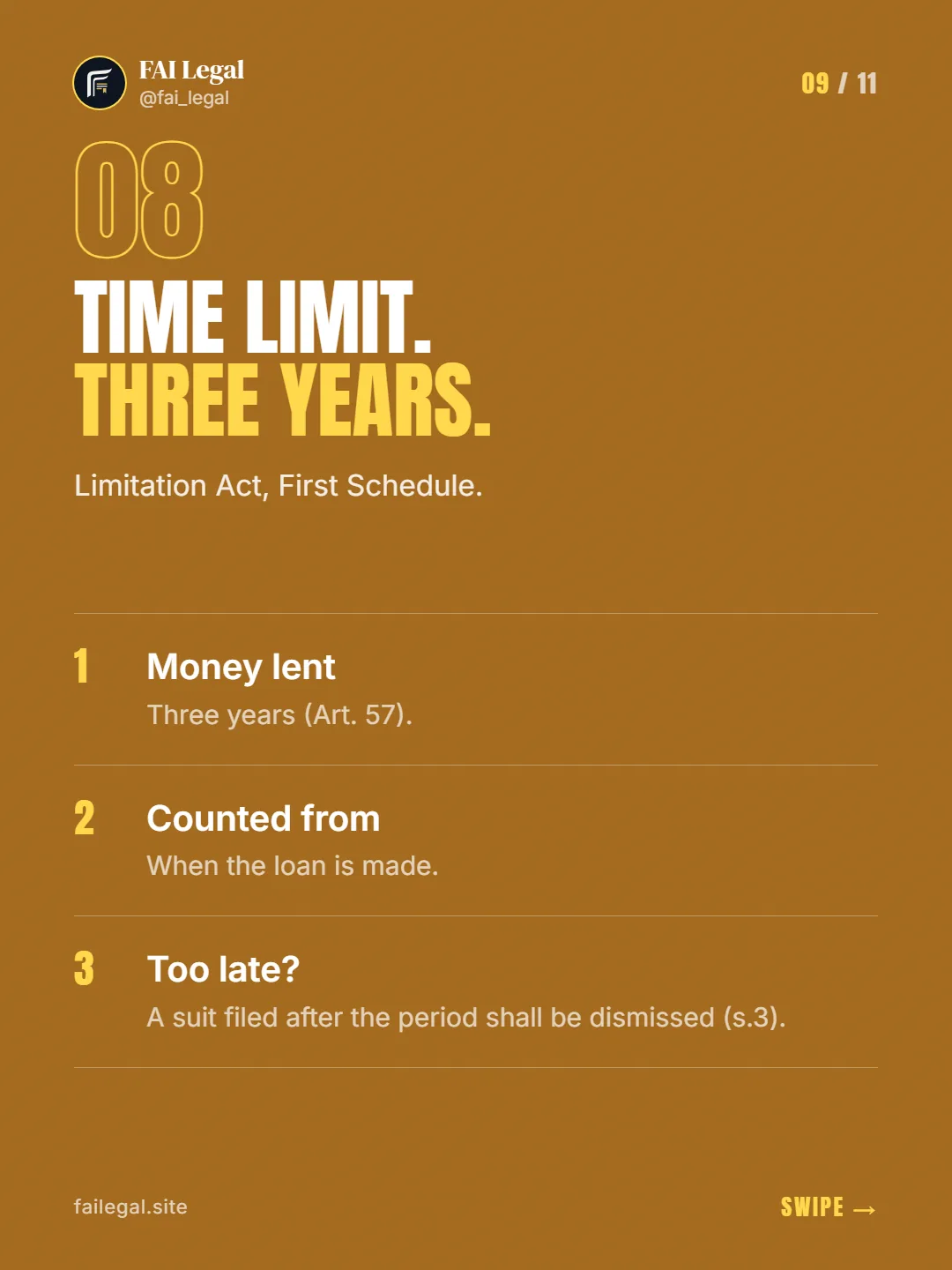 Time limit. Three years. · Limitation Act, First Schedule. · Money lent · Counted from · Too late?