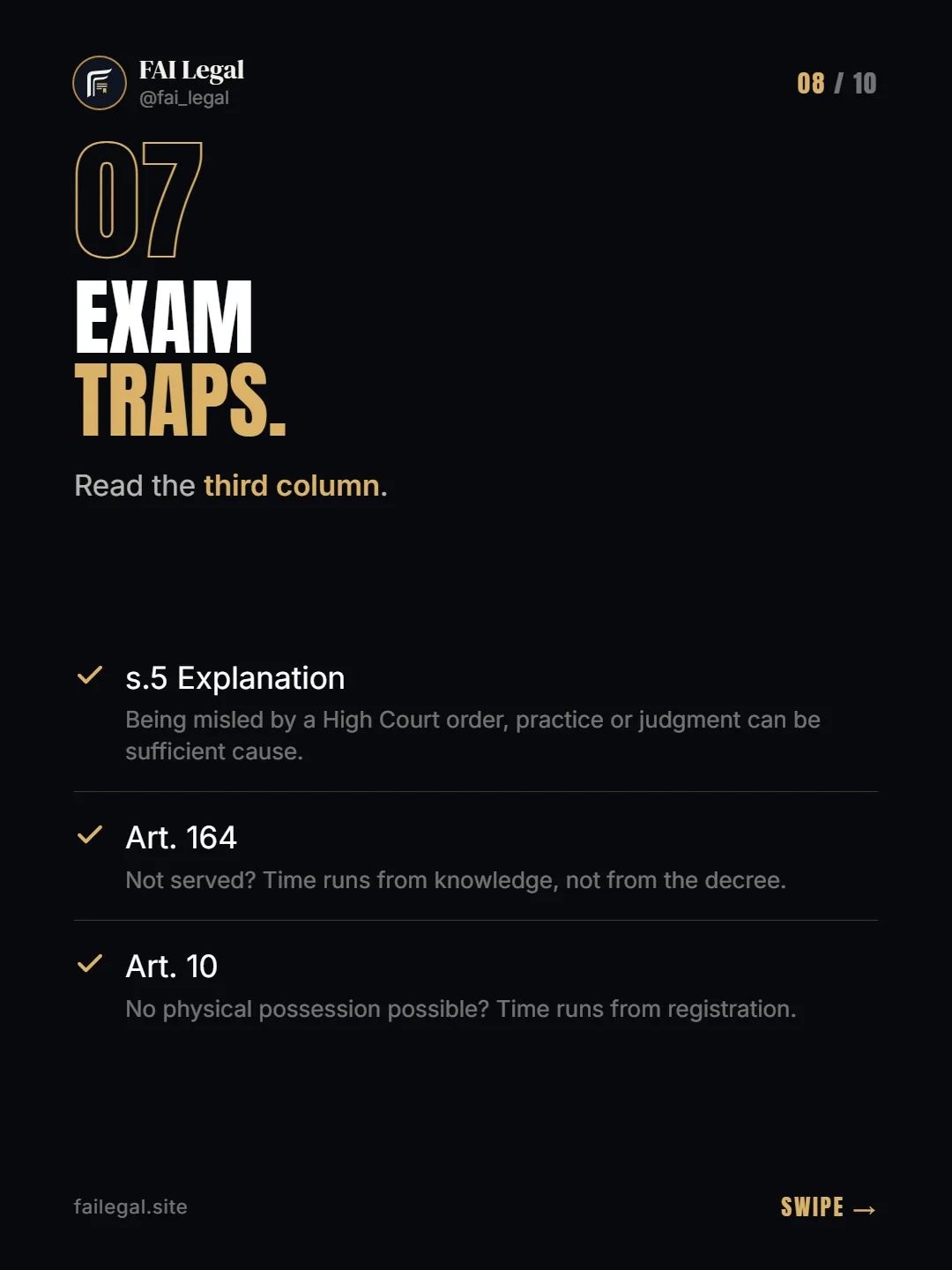 Exam traps. · Read the third column. · s.5 Explanation · Art. 164 · Art. 10