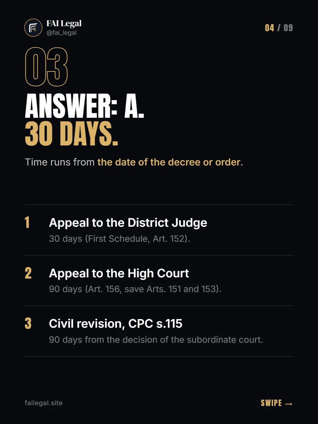 Answer: A. 30 days. · Time runs from the date of the decree or order. · Appeal to the District Judge · Appeal to the High Court · Civil revision, CPC s.115