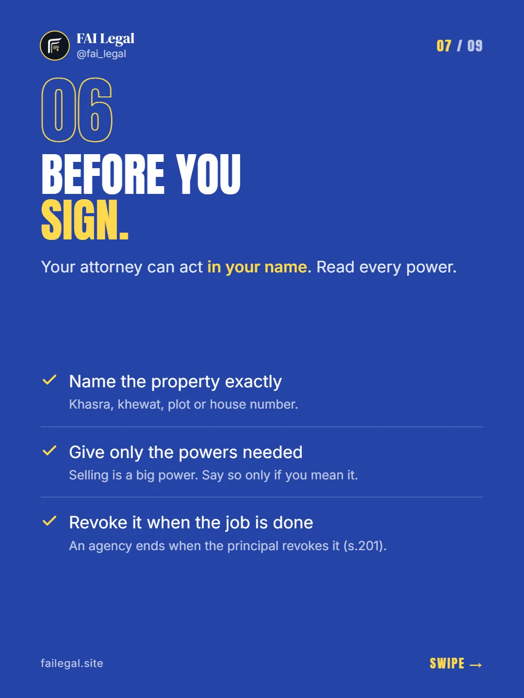 Before you sign. · Your attorney can act in your name. Read every power. · Name the property exactly · Give only the powers needed · Revoke it when the job is done