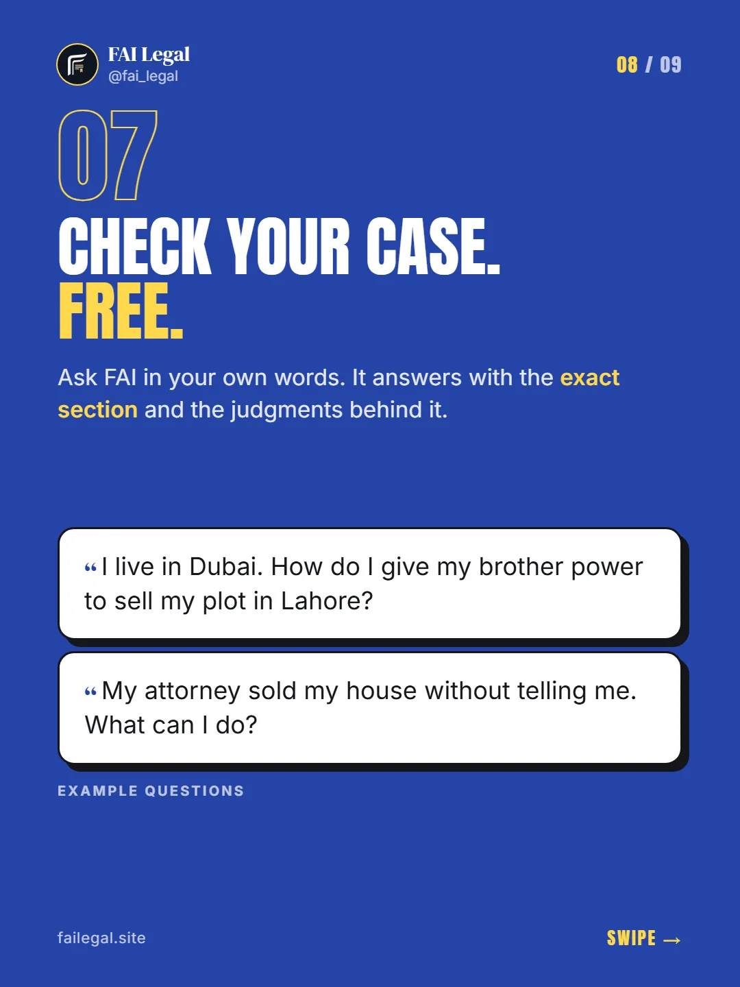 Check your case. Free. · Ask FAI in your own words. It answers with the exact section and the judgments behind it. · I live in Dubai. How do I give my brother power to sell my plot in Lahore? · My attorney sold my house without telling me. What can I do?