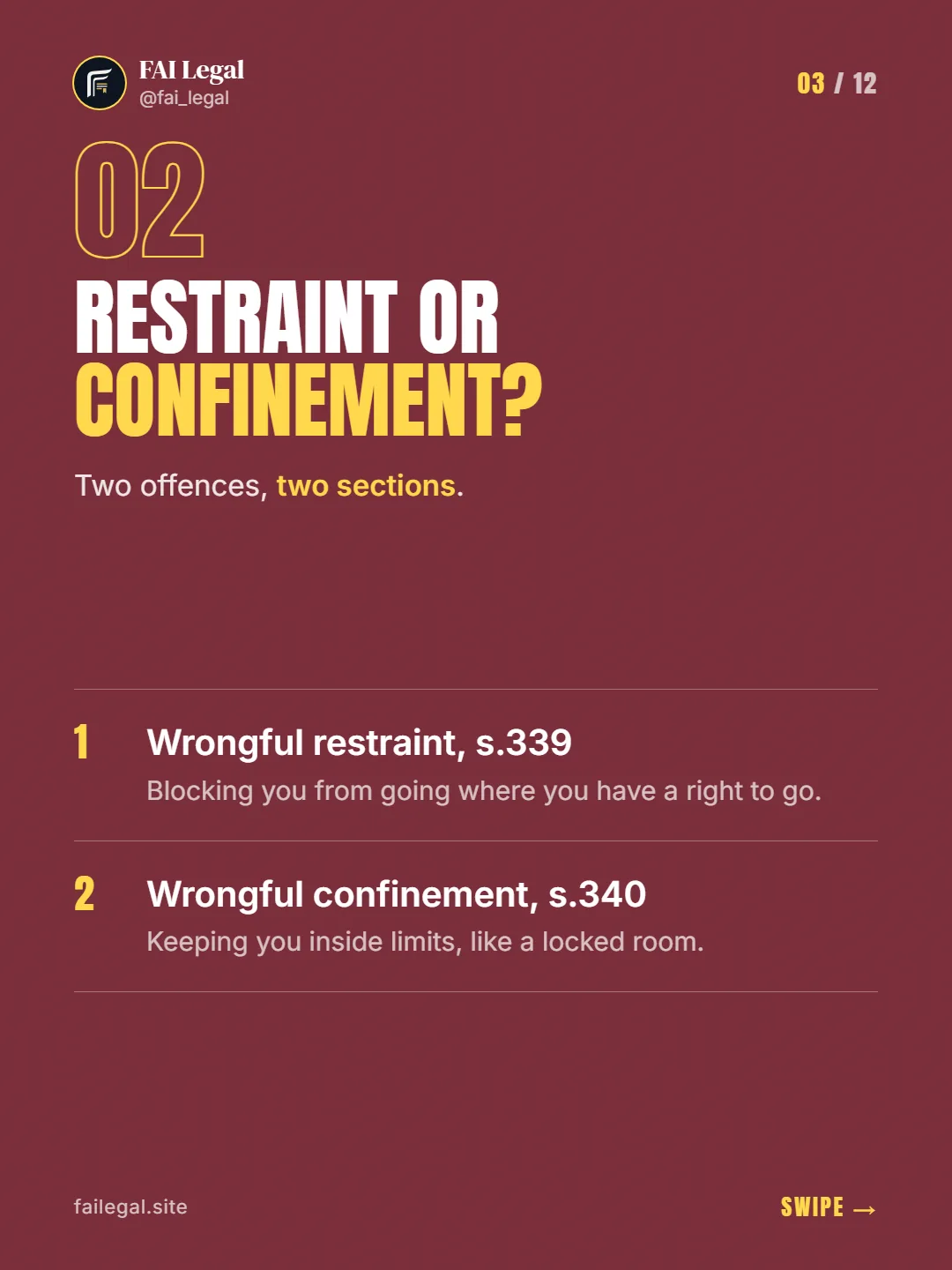 Restraint or confinement? · Two offences, two sections. · Wrongful restraint, s.339 · Wrongful confinement, s.340