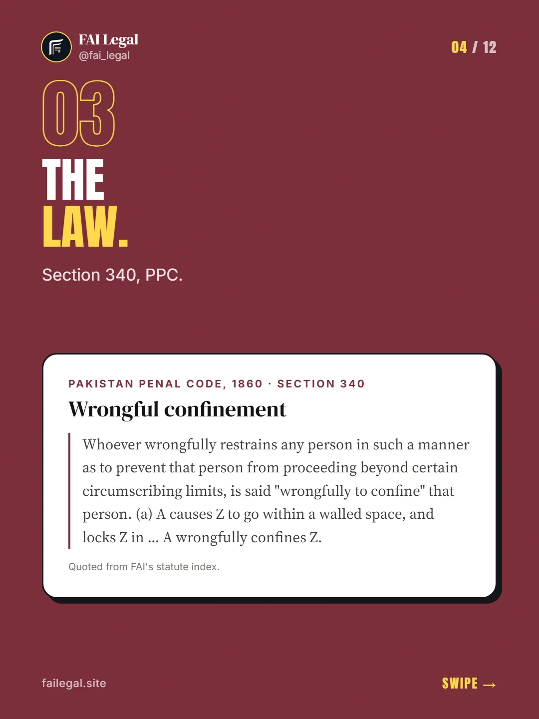 The law. · Section 340, PPC. · Pakistan Penal Code, 1860 · Section 340