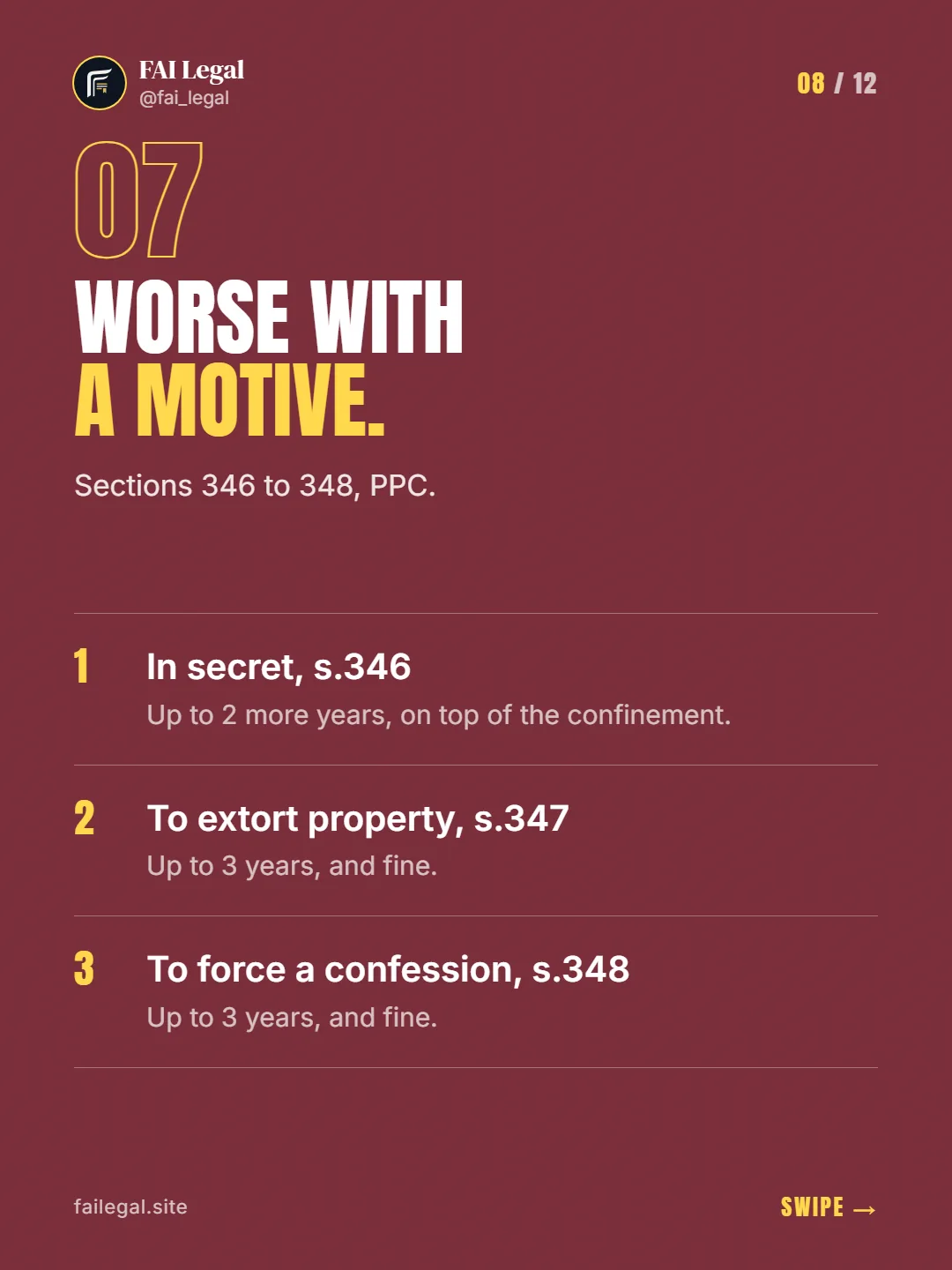 Worse with a motive. · Sections 346 to 348, PPC. · In secret, s.346 · To extort property, s.347 · To force a confession, s.348
