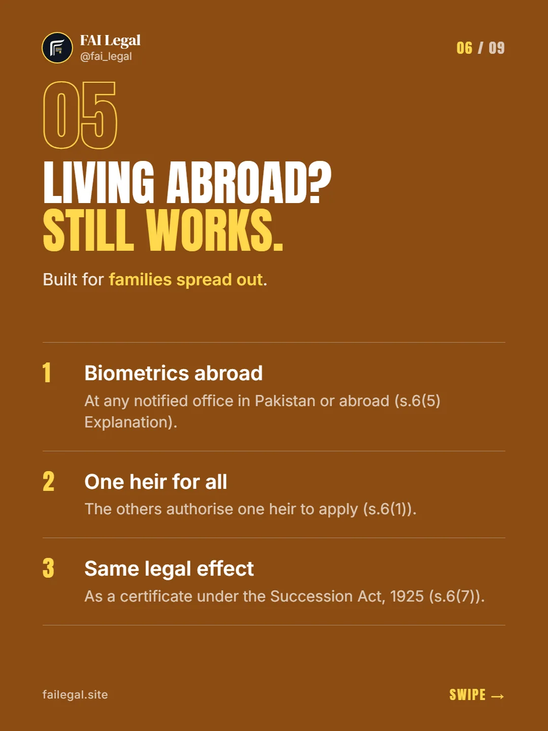 Living abroad? Still works. · Built for families spread out. · Biometrics abroad · One heir for all · Same legal effect